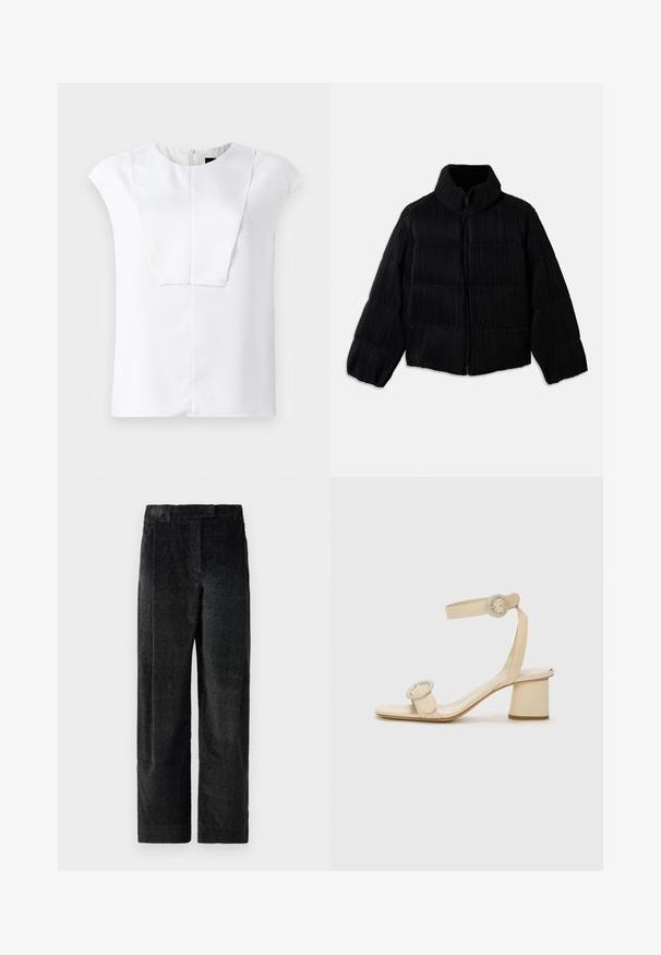 Fekete puffertakó rövidített siluettal, magas gallérral, cipzáros záródással és függőleges bordázott textúrával. Puha anyag.; Fehér, rövid ujjú blúz kerek nyakkivágással és téglalap alakú elülső panellel, sima háttér előtt bemutatva.; Fekete, textúrált, bő szárú nadrág, hangsúlyos szövettel, elülső redőkkel és lapos derékpánttal. Klasszikus dizájn, amely sokoldalúságot biztosít.; Krémszínű, magassarkú szandál, minimalista dizájnnal, két kör alakú díszítéssel és vastag sarokkal. Simító bőrből készült.