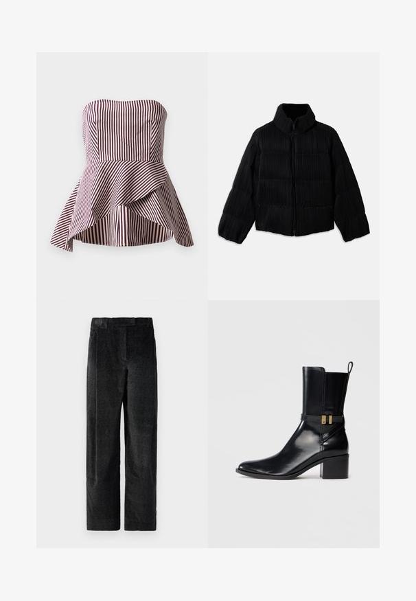 Veste en duvet noire avec une silhouette cintrée, dotée d'un col haut, d'une fermeture éclair et d'une texture côtelée verticale. Tissu doux.; Haut peplum sans bretelles en rayures rouge foncé et crème, présentant un corsage ajusté et un ourlet évasé et superposé pour plus de texture.; Pantalons larges noirs texturés avec un tissage prononcé, dotés de plis à l'avant et d'une taille plate. Design classique pour la polyvalence.; Bottine en cuir noir avec un talon bloc de hauteur intermédiaire, une sangle latérale avec une boucle dorée et une tirette à l'arrière.
