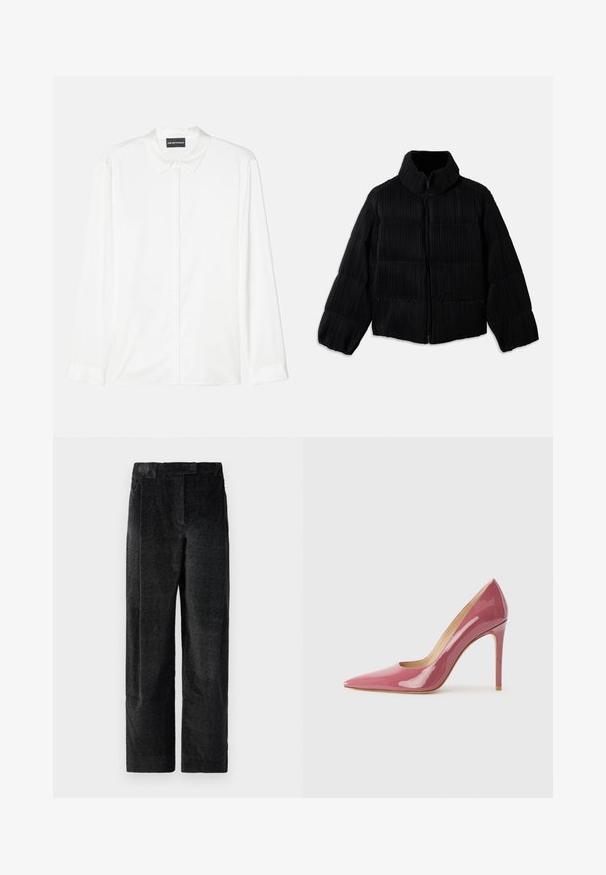 Mustmust musterniga, lühikese siluetiga, kõrge kaelusega, kett-luku ja vertikaalse ribakonstruktsiooniga. Pehme kangas.; Valge pika varrukaga särk, mis on valmistatud siledast kangast, klassikalise krae, nööbiga esiosa ja lihtsate mansettidega ning puhta, minimalistliku disainiga.; Mustad, tekstureeritud laiad püksid mustas värvuses, millel on väljendunud kudumine, eessuud ja lame vöökoht. Klassislik disain mitmekesiseks kasutamiseks.; Roosa läikiv nahast kõrge kontsaga king, millel on terav varvas ja vormikas siluett, millel on väljalõike detail ja stiletto konts.