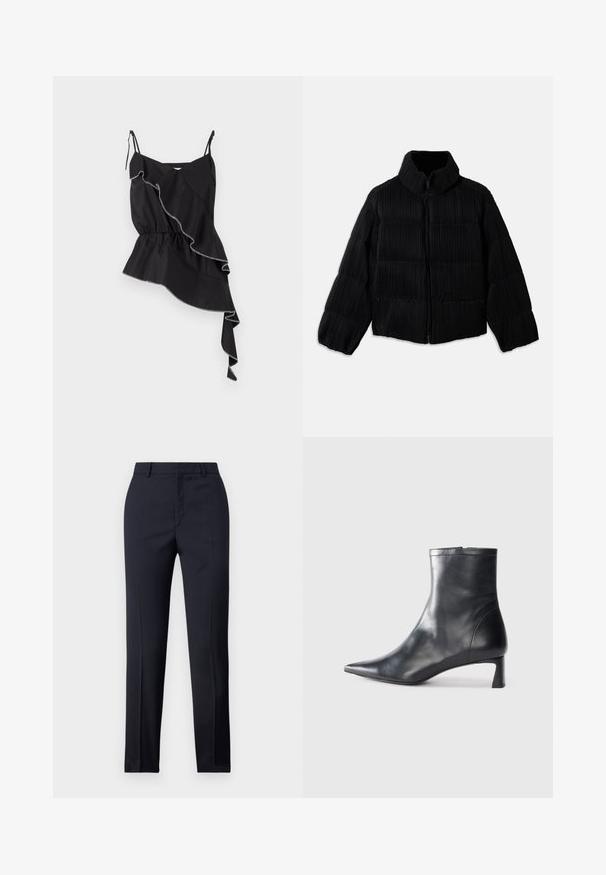 Geacă puffer neagră cu o siluetă scurtă, având guler înalt, închidere cu fermoar și textură verticală cordonată. Material moale.; Top negru fără mâneci, cu design asimetric cu volănașe, talie strânsă și cusături albe contrastante care evidențiază marginile.; Pantaloni tailor-made de culoare bleumarin cu o croială dreaptă, având o textură netedă, două buzunare frontale și o talie curată.; Cizmă de gleznă din piele neagră cu vârf ascuțit și un design elegant. Dispune de un toc mic și de o închidere cu fermoar la spate. Textură netedă.