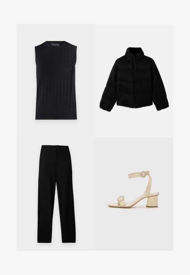 Geacă puffer neagră cu o siluetă scurtă, având guler înalt, închidere cu fermoar și textură verticală cordonată. Material moale.; Pulover negru fără mâneci, cu un model texturat în diamant, cu decolteu și tiv ribilat, realizat dintr-un material tricotat moale.; Pantaloni negri evazați dintr-un material moale și elastic. Dispun de un brâu neted și nu au cusături sau buzunare vizibile. Design simplu și versatil.; Sandi cu toc înalt bej, cu un design minimalist, având două accente circulare și un toc gros. Realizate din piele netedă.