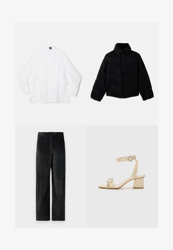 Czarna kurtka puchowa o krótkim fasonie, z wysokim kołnierzem, zapięciem na zamek i pionową prążkowaną teksturą. Miękka tkanina.; Biała bawełniana koszula z klasycznym kołnierzykiem, długimi rękawami i prostym krojem z bocznymi rozcięciami. Guziki przy mankietach o gładkiej fakturze.; Czarne, strukturalne spodnie z szerokimi nogawkami i wyraźnym splotem, z zaszewkami z przodu oraz płaskim pasem. Klasyczny design zapewniający wszechstronność.; Beżowe sandały na obcasie o minimalistycznym designie, z dwoma okrągłymi akcentami i szerokim obcasem. Wykonane z gładkiej skóry.