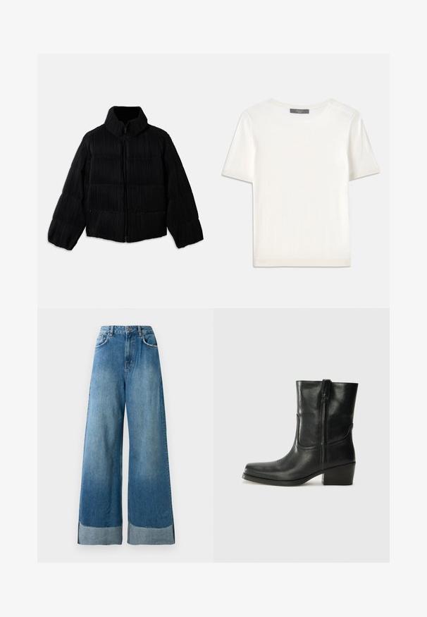 Čierna nafukovacia bunda s krátkym strihom, vybavená vysokým golierom, zipsovým zapínaním a vertikálnou ryhovanou textúrou. Mäkkučký materiál.; Biele krátke rukávy pletené tričko s okrúhlym výstrihom, ktoré má jemnú textúru a nenápadné rebrované detaily na rukávoch a leme.; Modré riflové nohavice s vysokým pásom a širokými nohavicami, predné vrecká, zapínanie na gombík a viditeľné vyblednuté manžety na leme.; Čierne kožené členkové topánky s okrúhlou špičkou, blokovým podpätkom, bočným zipsom a prešívaním na priehlavku. Hladká textúra, klasický dizajn.