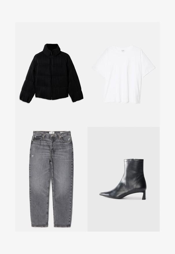 Veste en duvet noire avec une silhouette cintrée, dotée d'un col haut, d'une fermeture éclair et d'une texture côtelée verticale. Tissu doux.; T-shirt en coton blanc avec des manches courtes, un col rond, une coupe décontractée et un ourlet cousu. Étiquette visible à l'intérieur du col.; Jeans en denim gris avec une coupe droite, texture délavée, légère usure à l'avant et un design classique à cinq poches.; Bottine en cuir noir avec un bout pointu et un design épuré. Présente un petit talon et une fermeture éclair à l'arrière. Texture lisse.