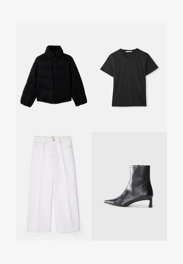 Melns pūkains jaka ar īsu siluetu, ar augstu apkakli, rāvējslēdzēja aizdari un vertikālu ribotu tekstūru. Mīksta auduma.; Melna īsām piedurknēm T-kreklā ar apaļu izgriezumu, kas izlikts uz baltas virsmas, ar redzamu zīmola etiķeti iekšpusē no apkakles.; FRAME LE JANE WIDE CROP RAW FRAY - Brīva piegriezuma džinsi - au natural clean; Melnas ādas potītes zābaki ar norādītu pirkstu un elegantu dizainu. Iezīmē zemu papēdi un rāvējslēdzēja aizdari aizmugurē. Gluda tekstūra.