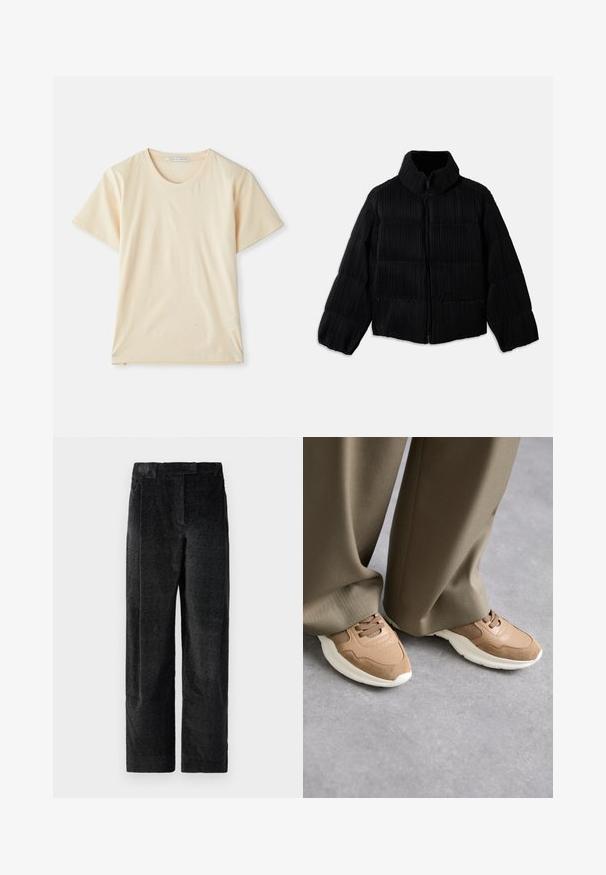 Black puffer jacket with a cropped silhouette, featuring a high collar, zip closure, and vertical ribbed texture. Soft fabric.; Cream-colored T-shirt made of soft, lightweight cotton, featuring short sleeves and a round neckline. No visible patterns or accents.; Black, textured wide-leg trousers with a pronounced weave, featuring front pleats and a flat waistband. Classic design for versatility.; Brown sports shoes featuring a mix of smooth leather and mesh materials, with a white rubber sole and subtle perforation details.
