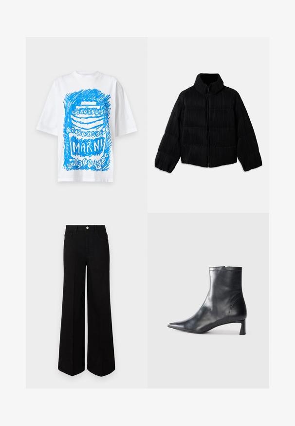 Sort boblejakke med en cropped silhuet, der har en høj krave, lynlås-lukning og lodret ribbet tekstur. Blødt stof.; Hvid kortærmet t-shirt med et blåt mønstret kagegrafik og teksten "MARNI" i fed skrift nedenfor.; Sorte vide ben-jeans lavet af robust stof, med høj talje, forlommer og en frontal knaplukning. Flad kant i bunden.; Sort læder ankelstøvle med spids tå og et strømlinet design. Har en lav hæl og en lynlås lukning bagpå. Glat tekstur.