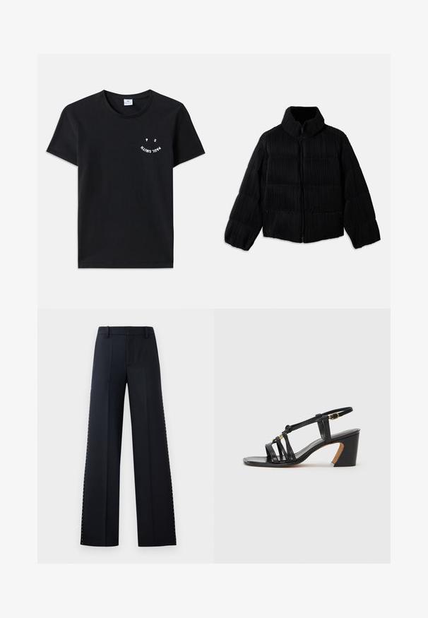 Juodas pūkinis švarkas su trumpa siluetu, turintis aukštą apykaklę, užtrauktuką ir vertikalią briaunotą tekstūrą. Minkšta medžiaga.; Juodas medvilnės marškinėliai su apvaliu kaklu ir trumpomis rankovėmis. Priekyje yra balti grafiškai išdėstyti užrašai lenkta forma. Minimalistinis stilius.; Juodos plačios kojos kelnės. Priklausantis pritaikytam stiliui su lygiu paviršiumi. Papildyta metaliniais kaliukais šoninėse siūlėse kaip detalė.; Paul Smith AMIRA - Klasikiniai aukštakulniai - black