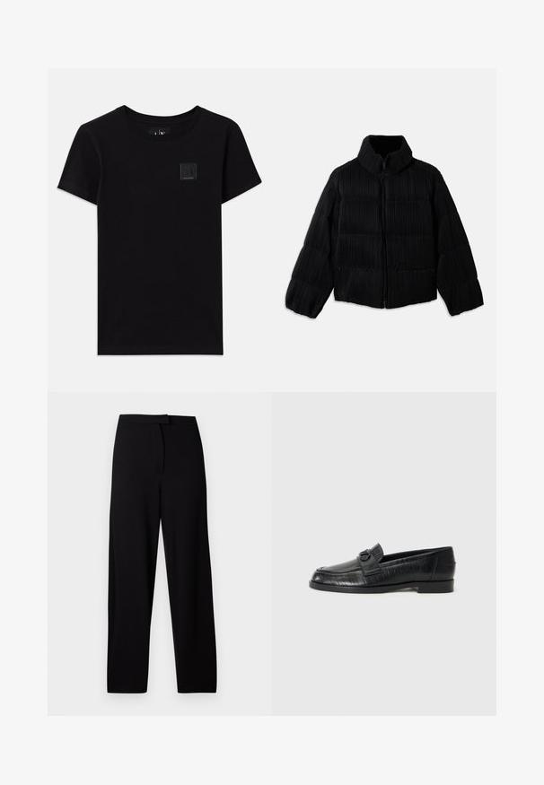 Giacca a vento nera con silhouette cropped, dotata di colletto alto, chiusura con zip e texture verticale a coste. Tessuto morbido.; T-shirt di cotone nero con scollatura rotonda e maniche corte. Presenta un piccolo logo rettangolare sulla parte anteriore.; Pantaloni neri a gamba larga realizzati in un tessuto morbido e elastico. Presentano una vita liscia e senza cuciture o tasche visibili. Design semplice e versatile.; Mocassini in pelle nera con una tomaia liscia, motivo lineare impresso e una fibbia decorativa sull'avampiede. Tacco basso a blocco.