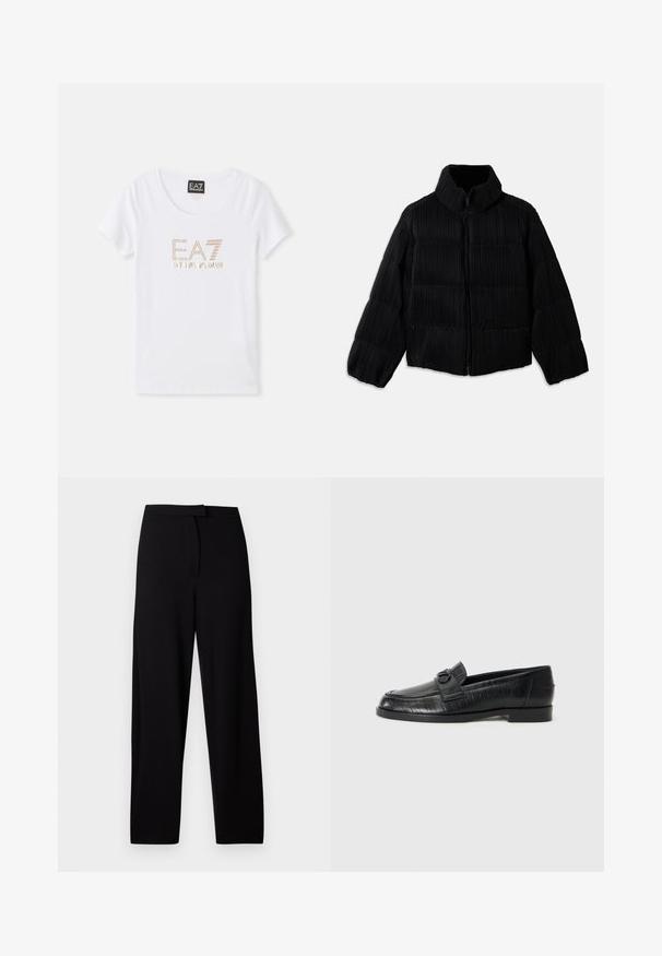 Czarna kurtka puchowa o krótkim fasonie, z wysokim kołnierzem, zapięciem na zamek i pionową prążkowaną teksturą. Miękka tkanina.; Biała bawełniana koszulka z okrągłym dekoltem, z logo w kolorze złotym z kryształkami "EA7 EMPORIO ARMANI" umieszczonym centralnie na przodzie.; Czarne spodnie o szerokich nogawkach, wykonane z miękkiego, elastycznego materiału. Posiadają gładki pas i brak widocznych szwów oraz kieszeni. Prosty i uniwersalny design.; Czarne skórzane loafersy z gładką cholewką, wytłaczanym wzorem liniowym oraz dekoracyjnym zapięciem w przedniej części. Niski, blokowy obcas.