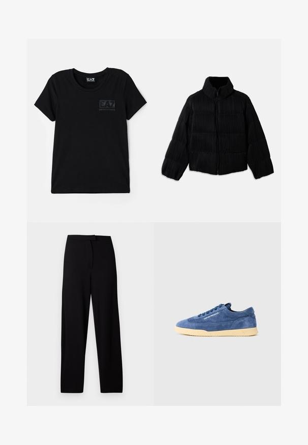 Juodas pūkinis švarkas su trumpa siluetu, turintis aukštą apykaklę, užtrauktuką ir vertikalią briaunotą tekstūrą. Minkšta medžiaga.; Juodas trumpas rankovės marškinėliai, pagaminti iš medvilnės, su apvaliu kaklu ir tekstūruotu EA7 logotipo ženkleliu ant krūtinės. Paprastas dizainas ir lygus paviršius.; Juodos plačios kelnės, pagamintos iš minkštos, tamprios medžiagos. Turi lygią juosmenį ir nematomas siūles bei kišenes. Paprastas ir universalus dizainas.; Mėlynos zomšinės žemos sportbačiai su kreminiu padu, raišteliais ir šone esaniu „EMPORIO ARMANI“ logotipu, nufotografuoti ant balto fono.