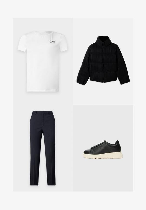 Black puffer jacket with a cropped silhouette, featuring a high collar, zip closure, and vertical ribbed texture. Soft fabric.; White short-sleeve t-shirt made of soft fabric, featuring a black embroidered logo on the upper left side, round neckline, and straight hem.; Navy tailored trousers with a straight cut, featuring a smooth texture, two front pockets, and a clean waistband.; Black leather sneaker with a textured finish, featuring round toe, six black eyelets, and a white rubber sole with grooves.