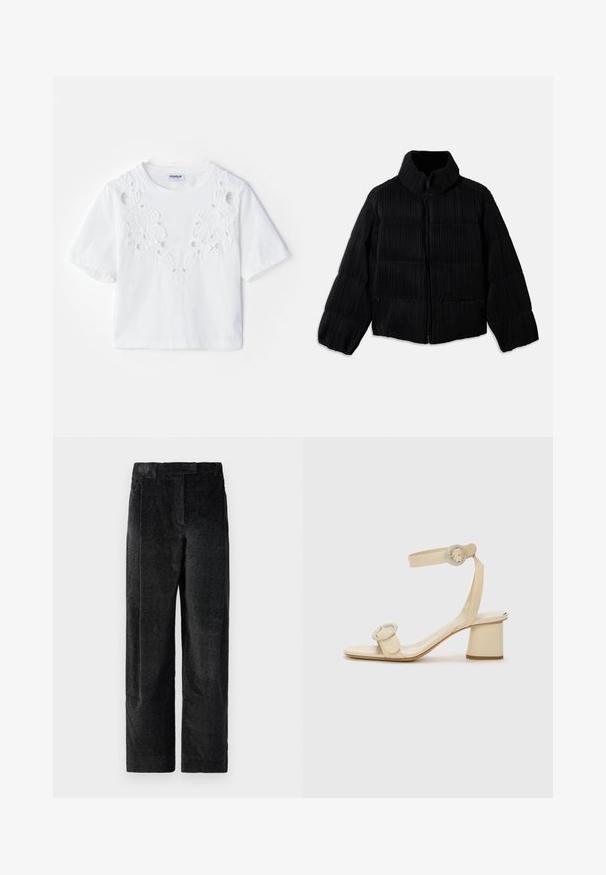 Fekete puffertakó rövidített siluettal, magas gallérral, cipzáros záródással és függőleges bordázott textúrával. Puha anyag.; Fehér, rövid ujjú póló hímzett virágmintával és kivágott részletekkel az elején. Puha anyagból készült, kerek nyakú.; Fekete, textúrált, bő szárú nadrág, hangsúlyos szövettel, elülső redőkkel és lapos derékpánttal. Klasszikus dizájn, amely sokoldalúságot biztosít.; Krémszínű, magassarkú szandál, minimalista dizájnnal, két kör alakú díszítéssel és vastag sarokkal. Simító bőrből készült.