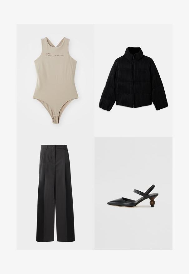 Juodas pūkinis švarkas su trumpa siluetu, turintis aukštą apykaklę, užtrauktuką ir vertikalią briaunotą tekstūrą. Minkšta medžiaga.; Smėlinis vientisas maudymosi kostiumėlis su aukštu kaklu, kryžmine nugaros dizaino ir EA7 Emporio Armani logotipu ruda spalva ant krūtinės. Lygi tekstūra.; Juodos plačios kelnės su aukštu liemeniu, su priekinėmis raukšlėmis, glotnia tekstūra ir pritaikytu apdailos stiliumi. Sukurtos laisvam sėdėjimui.; Juodos odinės slingback tipo bateliai su smailiu nosiu, išlenktu dizainu ir apvaliu medžio imitacijos kulnu. Pabrėžia siauras kulkšnies dirželis.