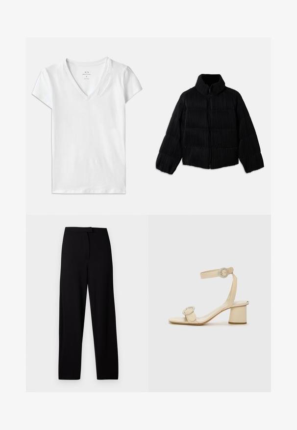 Juodas pūkinis švarkas su trumpa siluetu, turintis aukštą apykaklę, užtrauktuką ir vertikalią briaunotą tekstūrą. Minkšta medžiaga.; Balta trumpa rankovė V formos iškirptė marškinėliai, pagaminti iš medvilnės, su subtiliu iškilmingu "Armani Exchange" detalės akcentu ant apykaklės.; Juodos plačios kelnės, pagamintos iš minkštos, tamprios medžiagos. Turi lygią juosmenį ir nematomas siūles bei kišenes. Paprastas ir universalus dizainas.; Šviesiai rudos spalvos aukštakulniai šlepetės minimalistiniu dizainu, su dviem apvaliais akcentais ir masyviu kulnu. Pagamintos iš lygaus odos.