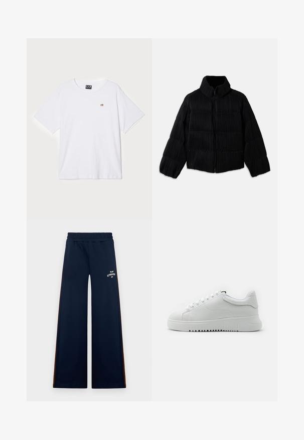 Melns pūkains jaka ar īsu siluetu, ar augstu apkakli, rāvējslēdzēja aizdari un vertikālu ribotu tekstūru. Mīksta auduma.; Balts īsām piedurknēm T-krekls, kas izgatavots no mīksta kokvilnas, ar mazu zelta logotipu kreisajā krūšu daļā. Arapa dizains.; Jūras spēku plašas sporta bikses ar elastīgu jostu, ar brūnām sānu akcentiem un baltu tekstu "Milano Gymnasium".; Baltas sporta apavi ar teksturētu ādas virsu, apaļu purngalu un auklu aizdari. Bieza balta gumijas zole ar teksturētu saķeres rakstu.