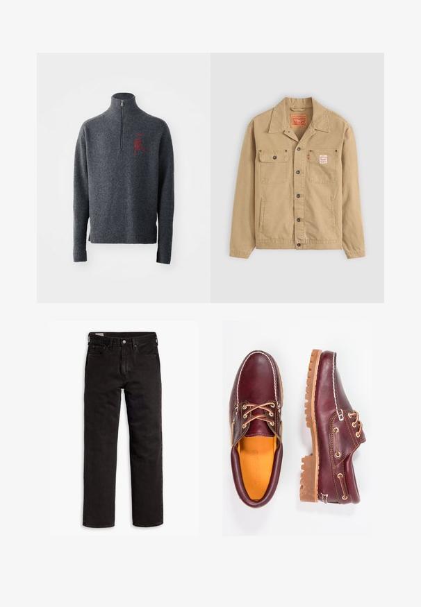 Levi's® Workwear SUNRISE TRUCKER - Veste en jean - tiger's eye; Pull en laine grise avec un col montant et un demi-zip. Détails brodés rouges sur la poitrine et poignets et ourlet côtelés.; Chemise bouton-uppée bleu clair avec des rayures verticales blanches, à manches longues, col classique et ourlet droit. Tissu en mélange de coton.; Jean en denim noir à jambes droites avec cinq poches, fermeture à bouton et passants de ceinture, posés à plat sur un fond blanc.; Chaussures en cuir bourgogne avec semelles en caoutchouc marron, bout rond, couture blanche et œillets dorés. L'intérieur présente une doublure jaune.