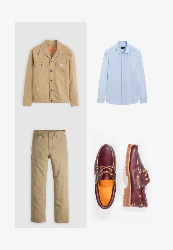 Levi's® Workwear SUNRISE TRUCKER - Džínová bunda - tiger's eye; Světle modrá košile na knoflíky s vertikálními bílými pruhy, dlouhými rukávy, límcem a rovním lemem. Směs bavlny.; Khaki bavlněné kalhoty s rovným střihem nohavic, předními kapsami a zapínáním na knoflík. Hladká textura a zesílené švy pro odolnost.; Burgundské kožené boty s hnědými gumovými podrážkami, kulatou špičkou, bílým prošíváním a zlatými očky. Interiér obsahuje žlutou podšívku.