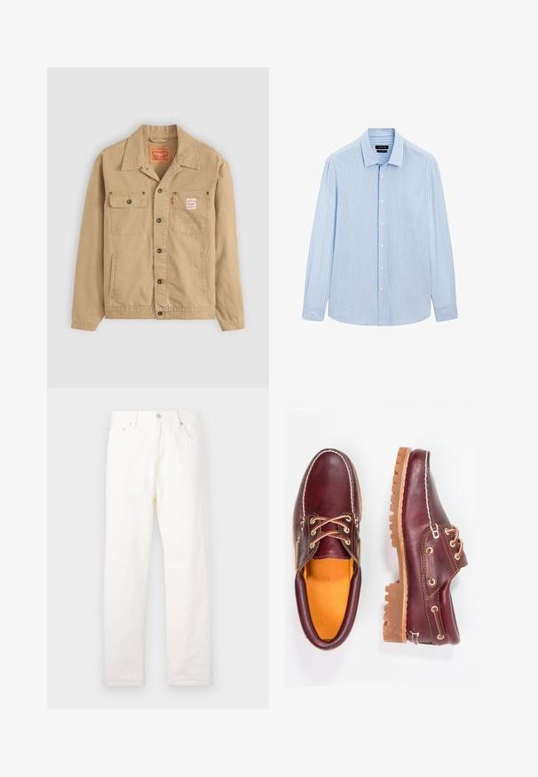 Levi's® Workwear SUNRISE TRUCKER - Džínová bunda - tiger's eye; Světle modrá košile na knoflíky s vertikálními bílými pruhy, dlouhými rukávy, límcem a rovním lemem. Směs bavlny.; Bílé denimové džíny se střihem rovného nohu, které mají přední kapsy, kovové zapínání na knoflík a klasické detaily šití.; Burgundské kožené boty s hnědými gumovými podrážkami, kulatou špičkou, bílým prošíváním a zlatými očky. Interiér obsahuje žlutou podšívku.