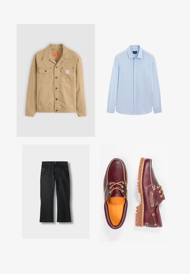 Levi's® Workwear SUNRISE TRUCKER - Denim jacket - tiger's eye; Light blue button-up shirt with vertical white stripes, long sleeves, collared neckline, and a straight hem. Cotton blend fabric.; Black denim jeans with a straight leg cut, featuring a frayed hem, five pockets, and metallic hardware details. Classic design and sturdy texture.; Burgundy leather shoes with brown rubber soles, round toe, white stitching, and gold eyelets. Interior features a yellow lining.