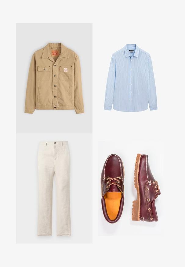 Levi's® Workwear SUNRISE TRUCKER - Jeansjacke - tiger's eye; Hellblaues Button-up-Hemd mit vertikalen weißen Streifen, langen Ärmeln, kragenähnlichem Ausschnitt und geradem Saum. Baumwollmischgewebe.; Leinenhose in hellem Beige, mit geradem Bein, Fronttaschen und einem einzigen Knopfverschluss an der Taille.; Bordeauxfarbene Lederschuhe mit braunen Gummisohlen, runder Zehenform, weißen Nähten und goldenen Ösen. Das Innenfutter weist eine gelbe Beschichtung auf.