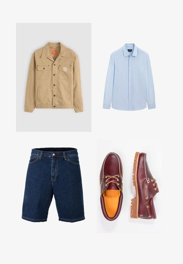 Levi's® Workwear SUNRISE TRUCKER - Denim jacket - tiger's eye; Light blue button-up shirt with vertical white stripes, long sleeves, collared neckline, and a straight hem. Cotton blend fabric.; Denim shorts in dark blue with a straight cut, regular waistband, and metal button closure; features contrasting yellow stitching and hem.; Burgundy leather shoes with brown rubber soles, round toe, white stitching, and gold eyelets. Interior features a yellow lining.