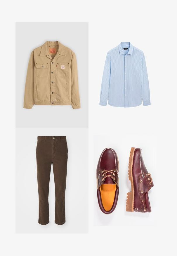 Levi's® Workwear - Kurtka jeansowa; Jasnoniebieska koszula z długim rękawem, zapinana na guziki, w pionowe białe paski, z kołnierzykiem i prostym dołem. Wykonana z mieszanki bawełny.; Brązowe spodnie kordurowe o prostym kroju, z zapięciem na guzik z przodu, dwoma kieszeniami z przodu i miękką fakturą.; Bordowe skórzane buty z brązowymi gumowymi podeszwami, okrągły czubek, białe przeszycia i złote oczka. Wnętrze posiada żółtą podszewkę.