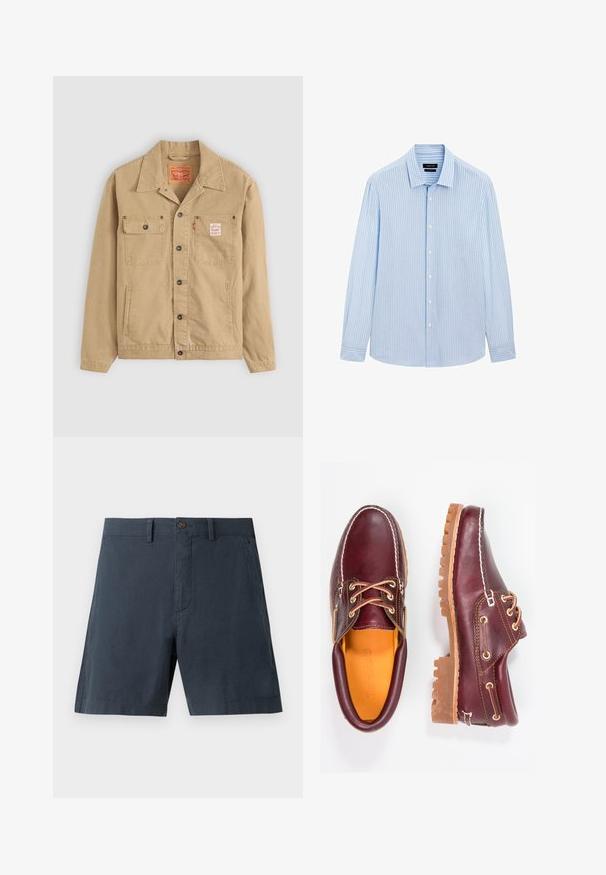 Levi's® Workwear SUNRISE TRUCKER - Spijkerjas - tiger's eye; Lichtblauw button-up shirt met verticale witte strepen, lange mouwen, kraag en een rechte zoom. Gemaakt van een katoenmix.; Marineblauwe shorts van een katoenmix, met een knoopsluiting, zijzakken en een rechte pasvorm.; Bordeaux leren schoenen met bruine rubberen zolen, ronde neus, witte stiksels en gouden veterogen. Het interieur heeft een gele voering.