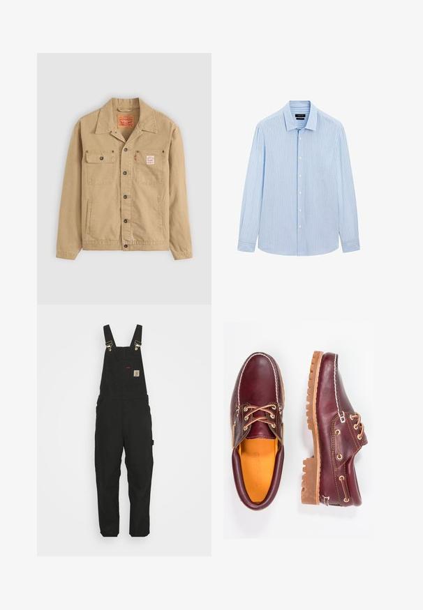 Levi's® Workwear SUNRISE TRUCKER - Džínová bunda - tiger's eye; Světle modrá košile na knoflíky s vertikálními bílými pruhy, dlouhými rukávy, límcem a rovním lemem. Směs bavlny.; Černé bavlněné overaly se stahovacími popruhy, přední kapsou s logem a dvěma bočními kapsami v uvolněném střihu.; Burgundské kožené boty s hnědými gumovými podrážkami, kulatou špičkou, bílým prošíváním a zlatými očky. Interiér obsahuje žlutou podšívku.