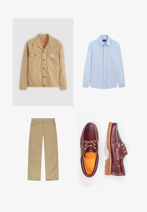 Levi's® Workwear SUNRISE TRUCKER - Denim jacket - tiger's eye; Light blue button-up shirt with vertical white stripes, long sleeves, collared neckline, and a straight hem. Cotton blend fabric.; Beige cotton twill pants with a straight leg design, five pockets, front button closure, and copper-tone rivets for durability.; Burgundy leather shoes with brown rubber soles, round toe, white stitching, and gold eyelets. Interior features a yellow lining.