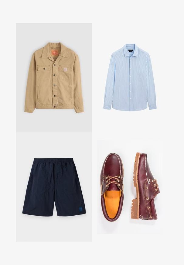 Levi's® Workwear SUNRISE TRUCKER - Giacca di jeans - tiger's eye; Camicia azzurra chiara con righe bianche verticali, maniche lunghe, colletto e orlo dritto. Tessuto in misto cotone.; Shorts blu navy realizzati in materiale leggero con vita elasticizzata e un piccolo logo quadrato GAP in basso a destra.; Scarpe in pelle bordeaux con suole in gomma marrone, punta rotonda, cuciture bianche e occhielli dorati. L'interno presenta un rivestimento giallo.