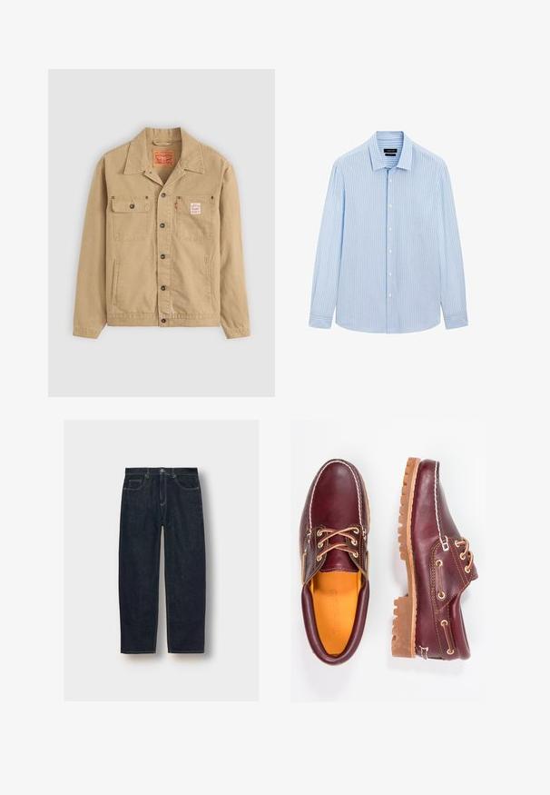 Levi's® Workwear SUNRISE TRUCKER - Denim jacket - tiger's eye; Light blue button-up shirt with vertical white stripes, long sleeves, collared neckline, and a straight hem. Cotton blend fabric.; Dark blue denim jeans with a loose fit, five pockets, and contrast stitching. Features a button and zipper closure. Smooth texture.; Burgundy leather shoes with brown rubber soles, round toe, white stitching, and gold eyelets. Interior features a yellow lining.