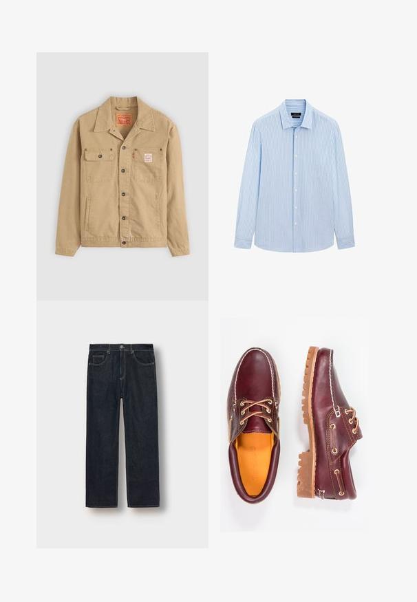 Levi's® Workwear SUNRISE TRUCKER - Džínová bunda - tiger's eye; Světle modrá košile na knoflíky s vertikálními bílými pruhy, dlouhými rukávy, límcem a rovním lemem. Směs bavlny.; Tmavě modré džínové kalhoty rovného střihu vyrobené z denimu, s poutky na opasek, předními kapsami a kontrastním šitím. Minimalistický design bez ozdob.; Burgundské kožené boty s hnědými gumovými podrážkami, kulatou špičkou, bílým prošíváním a zlatými očky. Interiér obsahuje žlutou podšívku.