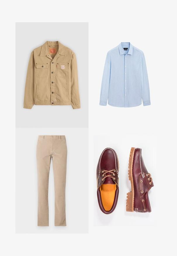 Levi's® Workwear SUNRISE TRUCKER - Džínová bunda - tiger's eye; Světle modrá košile na knoflíky s vertikálními bílými pruhy, dlouhými rukávy, límcem a rovním lemem. Směs bavlny.; Béžové bavlněné kordové kalhoty se střihem rovného nohavice, s knoflíkovým zapínáním, pěti kapsami a hladkým povrchem.; Burgundské kožené boty s hnědými gumovými podrážkami, kulatou špičkou, bílým prošíváním a zlatými očky. Interiér obsahuje žlutou podšívku.