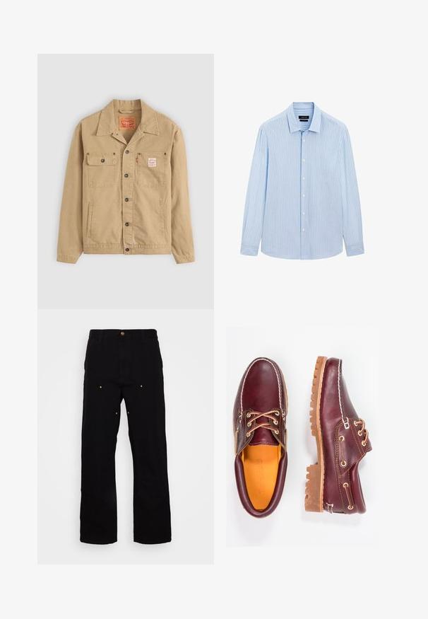 Levi's® Workwear SUNRISE TRUCKER - Spijkerjas - tiger's eye; Lichtblauw button-up shirt met verticale witte strepen, lange mouwen, kraag en een rechte zoom. Gemaakt van een katoenmix.; Zwarte denim broek met een recht-pijp ontwerp, voorzien van gouden hardware accenten en zichtbare stiksels op de voor- en achterzakken.; Bordeaux leren schoenen met bruine rubberen zolen, ronde neus, witte stiksels en gouden veterogen. Het interieur heeft een gele voering.