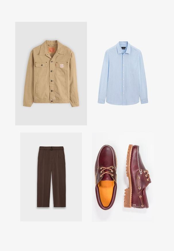 Levi's® Workwear SUNRISE TRUCKER - Spijkerjas - tiger's eye; Lichtblauw button-up shirt met verticale witte strepen, lange mouwen, kraag en een rechte zoom. Gemaakt van een katoenmix.; Bruine broek met een riem, met een hoge taille, geplooide voorkant en zijzakken; gemaakt van gladde, gestructureerde stof.; Bordeaux leren schoenen met bruine rubberen zolen, ronde neus, witte stiksels en gouden veterogen. Het interieur heeft een gele voering.