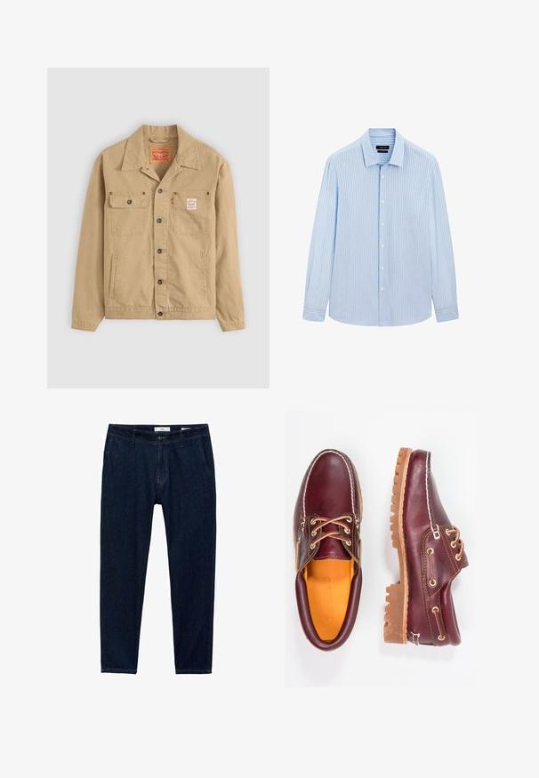 Levi's® Workwear SUNRISE TRUCKER - Džínová bunda - tiger's eye; Světle modrá košile na knoflíky s vertikálními bílými pruhy, dlouhými rukávy, límcem a rovním lemem. Směs bavlny.; Tmavě modré džíny s rovný střih. Obsahují pět kapes, poutka na opasek a zip se zapínáním na knoflík.; Burgundské kožené boty s hnědými gumovými podrážkami, kulatou špičkou, bílým prošíváním a zlatými očky. Interiér obsahuje žlutou podšívku.