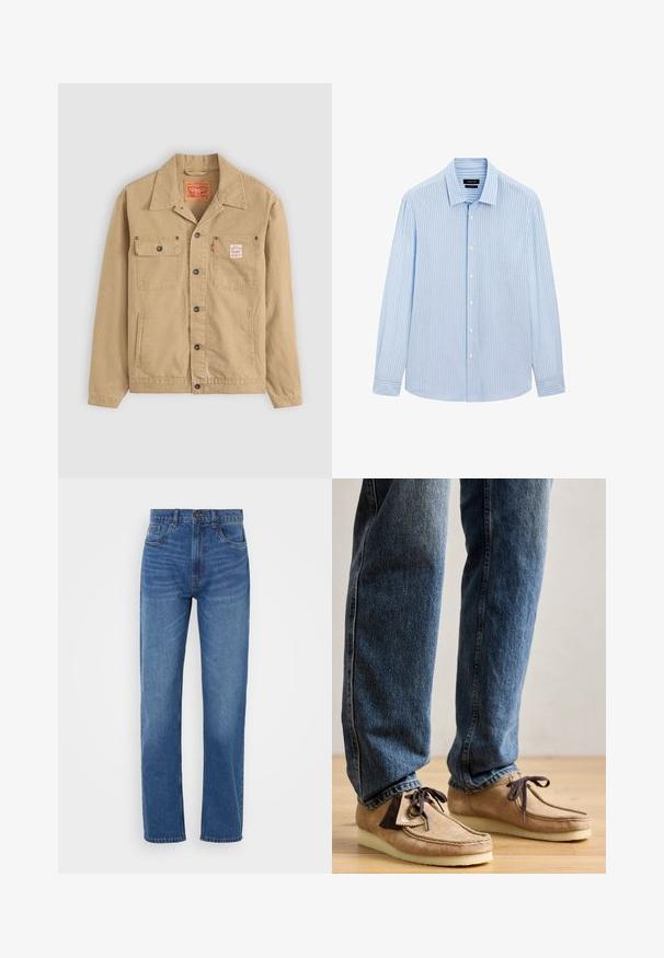 Levi's® Workwear SUNRISE TRUCKER - Denim jacket - tiger's eye; Light blue button-up shirt with vertical white stripes, long sleeves, collared neckline, and a straight hem. Cotton blend fabric.; Blue denim jeans featuring a straight leg design, classic five-pocket style, and a button closure at the waist. Slightly faded texture.; Suede moccasins in tan with dark brown accent, rounded toe, and plush white sole. Features lace-up design and stitched detailing.
