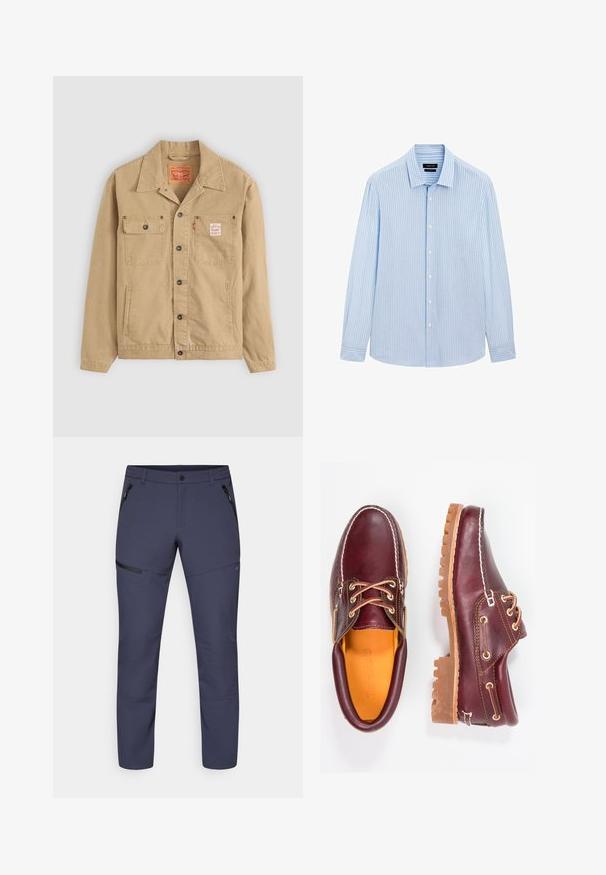 Levi's® Workwear SUNRISE TRUCKER - Jeansjacka - tiger's eye; Ljusblå skjorta med knappar och vertikala vita ränder, långa ärmar, krage och rak nederkant. Blandning av bomull.; Marina utomhusbyxor gjorda av ett lätt, stretchigt tyg. Funktioner inkluderar sidofickor med dragkedja och en avsmalnande bendesign för rörelsefrihet.; Burgundy läderskor med bruna gummisulor, rund tå, vit söm och gyllene öljetter. Inredningen har en gul foder.