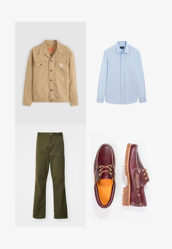 Levi's® Workwear SUNRISE TRUCKER - Spijkerjas - tiger's eye; Lichtblauw button-up shirt met verticale witte strepen, lange mouwen, kraag en een rechte zoom. Gemaakt van een katoenmix.; Olijf groene katoenen broek met een rechte pijpdesign. Voorzien van een voorknoopsluiting en een klassieke vijf-pocket stijl.; Bordeaux leren schoenen met bruine rubberen zolen, ronde neus, witte stiksels en gouden veterogen. Het interieur heeft een gele voering.