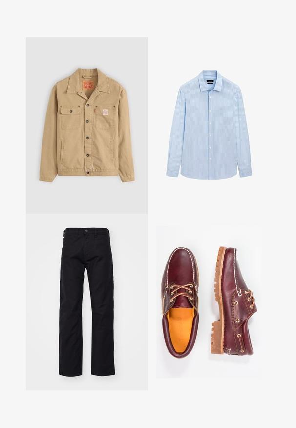 Levi's® Workwear SUNRISE TRUCKER - Džínová bunda - tiger's eye; Světle modrá košile na knoflíky s vertikálními bílými pruhy, dlouhými rukávy, límcem a rovním lemem. Směs bavlny.; Černé plátěné kalhoty se středovým střihem, obsahující zapínání na knoflík vpředu, poutka na opasek a boční kapsy. Textura je hladká a odolná.; Burgundské kožené boty s hnědými gumovými podrážkami, kulatou špičkou, bílým prošíváním a zlatými očky. Interiér obsahuje žlutou podšívku.