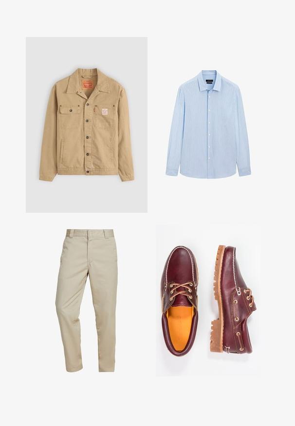 Levi's® Workwear - Kurtka jeansowa; Jasnoniebieska koszula z długim rękawem, zapinana na guziki, w pionowe białe paski, z kołnierzykiem i prostym dołem. Wykonana z mieszanki bawełny.; Carhartt WIP MASTER PANT khaki; Bordowe skórzane buty z brązowymi gumowymi podeszwami, okrągły czubek, białe przeszycia i złote oczka. Wnętrze posiada żółtą podszewkę.