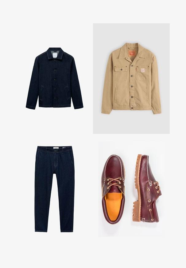 Levi's® Workwear SUNRISE TRUCKER - Giacca di jeans - tiger's eye; Giacca in denim blu scuro con colletto, chiusura a bottoni, due tasche laterali e orlo dritto. Tessuto testurizzato con un design classico e casual.; Pantaloni in denim blu scuro con vestibilità dritta. Le caratteristiche includono cinque tasche, passanti per cintura e chiusura a zip con bottone.; Scarpe in pelle bordeaux con suole in gomma marrone, punta rotonda, cuciture bianche e occhielli dorati. L'interno presenta un rivestimento giallo.