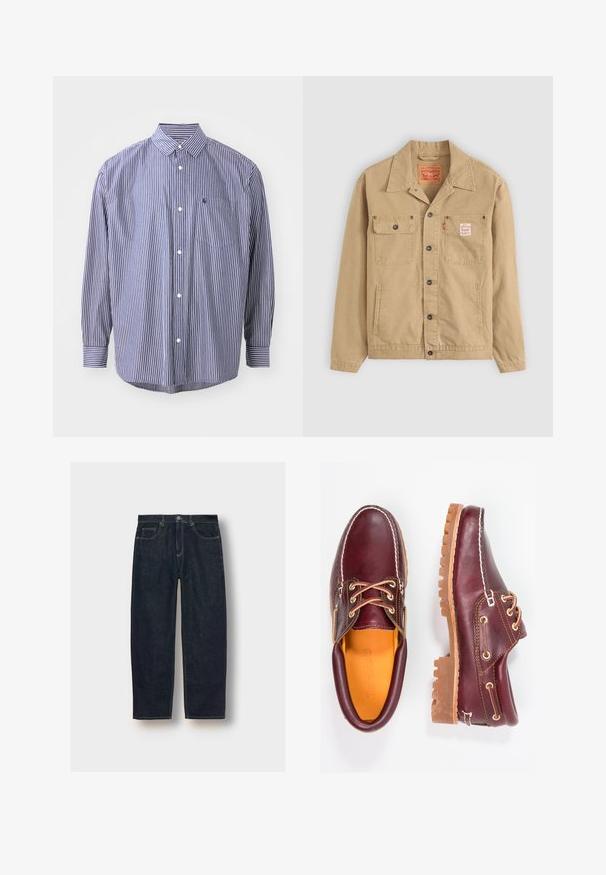 Levi's® Workwear SUNRISE TRUCKER - Džinsinis švarkelis - tiger's eye; Dryžuota marškinėlių palaidinė tamsiai mėlynos ir baltos spalvų. Su apykakle, ilgomis rankovėmis, krūtinės kišene ir išlenktomis kraštinėmis. Klasikinis siluetas su tekstūruotu audiniu.; Tamsiai mėlyni džinsai su laisvu pritaikymu, penkiomis kišenėmis ir kontrastingiu siuvimu. Savybės: sagos ir užtrauktuko uždarymas. Lygus paviršius.; Burgundi odiniai bateliai su rudais guminiais padais, apvaliu pirštu, balta siūle ir auksiniais inkarais. Interjere yra geltonas pamušalas.