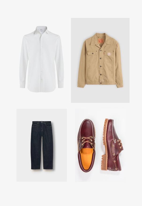 Levi's® Workwear SUNRISE TRUCKER - Džinsinis švarkelis - tiger's eye; Balta ilga rankovė marškiniai, pagaminti iš storo medvilninio audinio, su klasikiniu apykakle, priekyje su mygtukų užsegimu ir suapvalintu kraštu, turintys mygtukinių rankovių. ; Tamsiai mėlyni džinsai su laisvu pritaikymu, penkiomis kišenėmis ir kontrastingiu siuvimu. Savybės: sagos ir užtrauktuko uždarymas. Lygus paviršius.; Burgundi odiniai bateliai su rudais guminiais padais, apvaliu pirštu, balta siūle ir auksiniais inkarais. Interjere yra geltonas pamušalas.