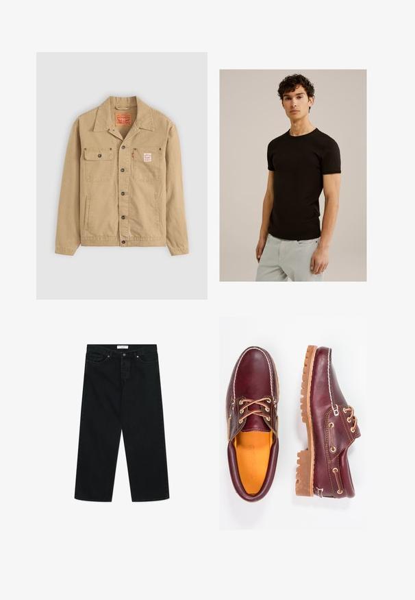 Levi's® Workwear SUNRISE TRUCKER - Džinsinis švarkelis - tiger's eye; Juoda trumpos rankovėmis marškinėliai su apvaliu iškirpimu, pagaminti iš lygaus, tamprios medžiagos. Siluetas siauras, sukurtas taip, kad priglustų prie kūno.; Juoda platėjančių kojų džinsai iš denimo audinio, su priekine sagčių uždarymo sistema, diržo kilpomis ir kišenėmis. Lygus paviršius, minimalistinis dizainas.; Burgundi odiniai bateliai su rudais guminiais padais, apvaliu pirštu, balta siūle ir auksiniais inkarais. Interjere yra geltonas pamušalas.