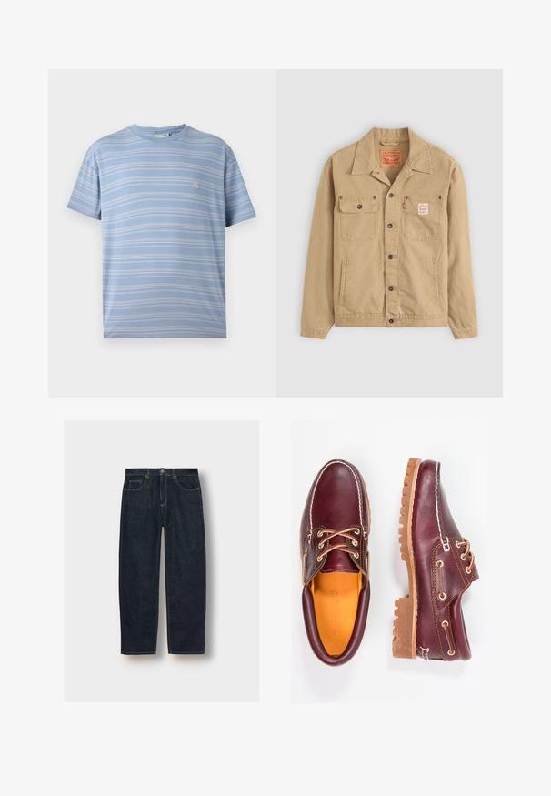 Levi's® Workwear SUNRISE TRUCKER - Jeansjakke - tiger's eye; Lyseblåstripet t-skjorte med horisontale hvite striper, rund hals og en liten rosa logo på venstre brystområde. Myk bomullsstoff.; Mørkeblå denimjeans med løs passform, fem lommer og kontraststing. Har knapp- og glidelåsåpning. Glatt tekstur.; Burgunderrøde lærsko med brune gummisåler, rund tå, hvide syninger og gyldne snørehuller. Indvendig har de en gul foring.