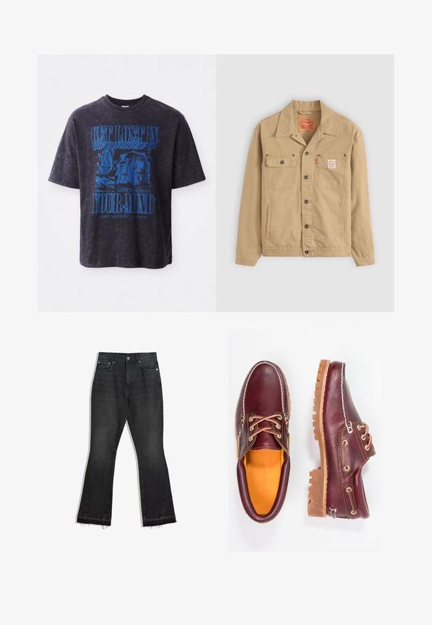 Levi's® Workwear SUNRISE TRUCKER - Jakna iz džinsa - tiger's eye; Črna oversized bombažna majica s plavim grafičnim besedilom in slikami, vključno z metuljem in stilizirano obrazo, v obrabljenem videzu.; Črne jeans hlače s širokimi hlačnicami, raztrganim robom, petimi žepi in zapiranjem na gumb. Gladka tekstura, srednje težka tkanina.; Burgundske usnjene čevlje z rjavimi gumijastimi podplati, okrogla kapica, beli šivi in zlate luknje za vezalke. Notranjost je obložena s rumeno podlogo.