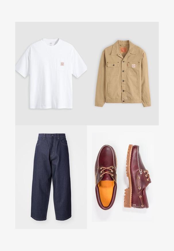 Levi's® Workwear SUNRISE TRUCKER - Džínová bunda - tiger's eye; Bílá bavlněná tričko s kulatým výstřihem, krátkými rukávy a přední kapsou, která má našitou etiketu s světle růžovým textem.; Tmavě modré džíny z denimu se volným širokým střihem. Mezi charakteristické prvky patří zapínání na knoflík, přední kapsy a viditelné švy.; Burgundské kožené boty s hnědými gumovými podrážkami, kulatou špičkou, bílým prošíváním a zlatými očky. Interiér obsahuje žlutou podšívku.