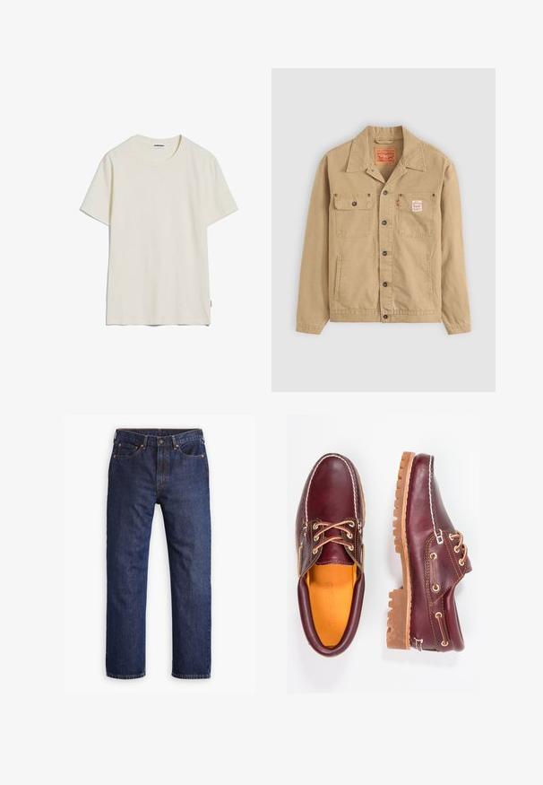 Levi's® Workwear SUNRISE TRUCKER - Jeansjacke - tiger's eye; Kurzärmliges T-Shirt mit Rundhalsausschnitt aus off-weißem Baumwollstoff. Glatte Textur, lässige Passform und ein kleines Markenlabel am unteren linken Saum.; Dunkelblaue gerade geschnittene Denim-Jeans mit Frontknopf, Reißverschluss, fünf Taschen und Details mit Kupferrivets.; Bordeauxfarbene Lederschuhe mit braunen Gummisohlen, runder Zehenform, weißen Nähten und goldenen Ösen. Das Innenfutter weist eine gelbe Beschichtung auf.